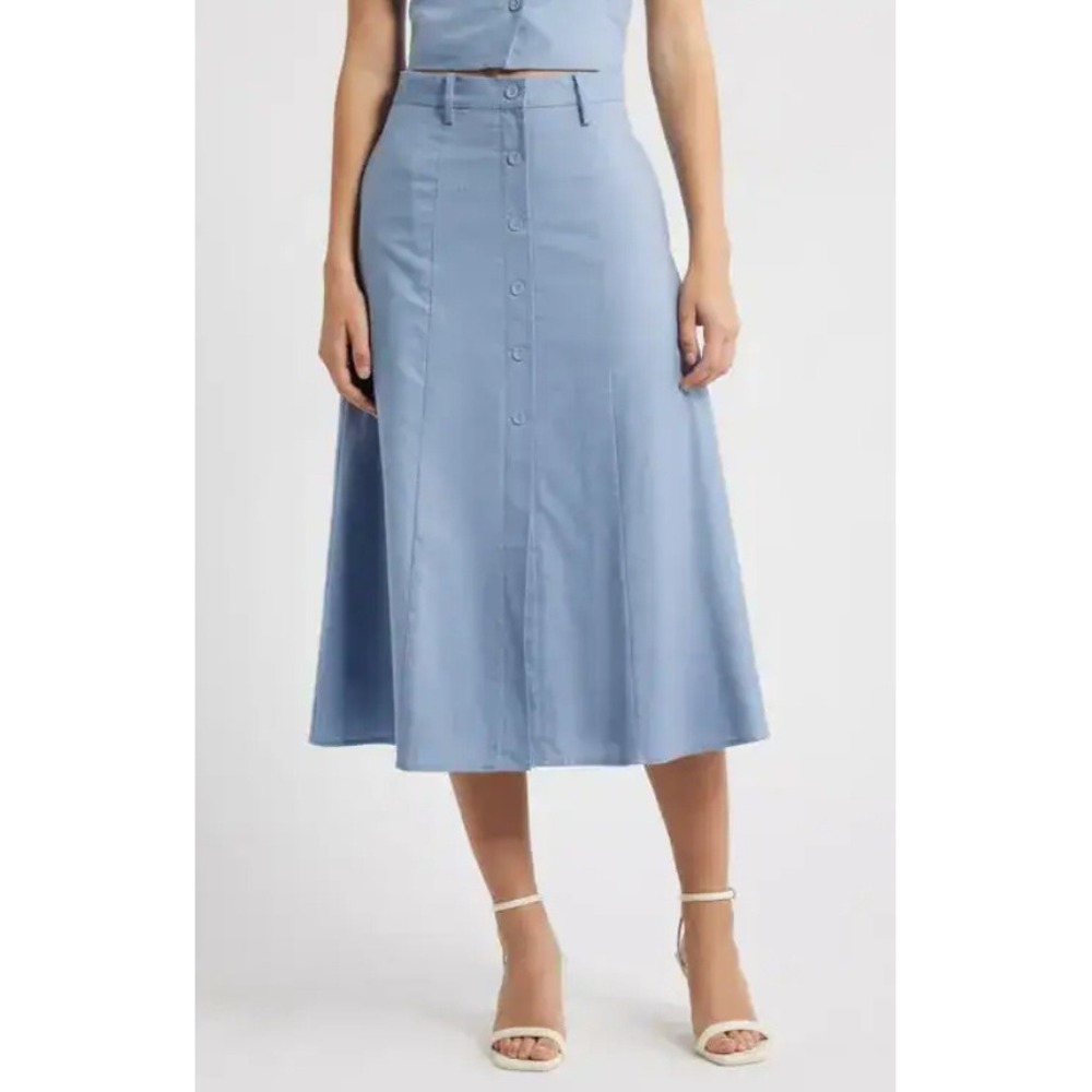 NWOT WAYF Cynthia Button-Through Midi Skirt Chambray Blue Women Size Small